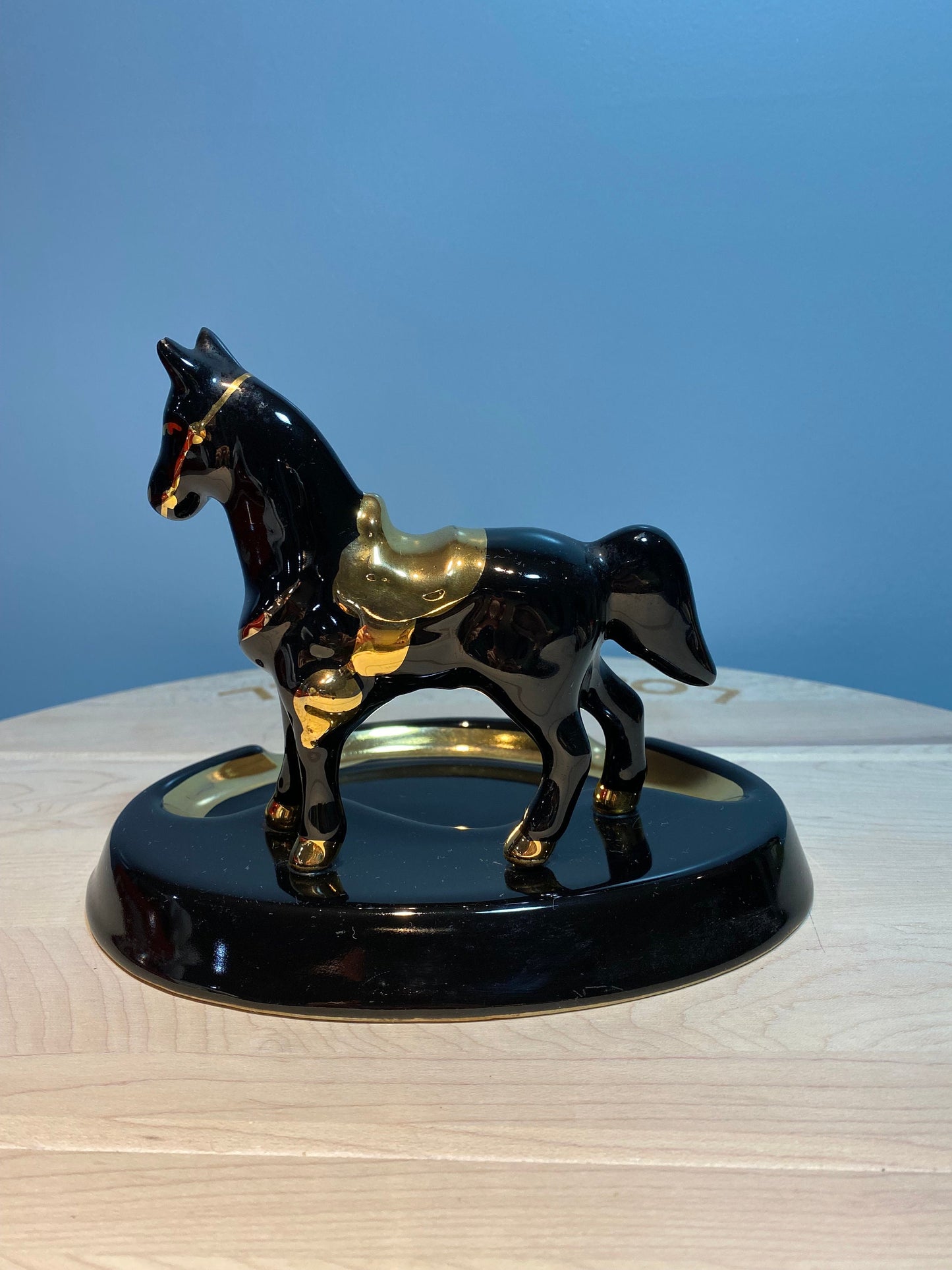 Vintage Black Horse with Gold Accents, Ceramic, Atlantic City, N.J. Ashtray, Made In America