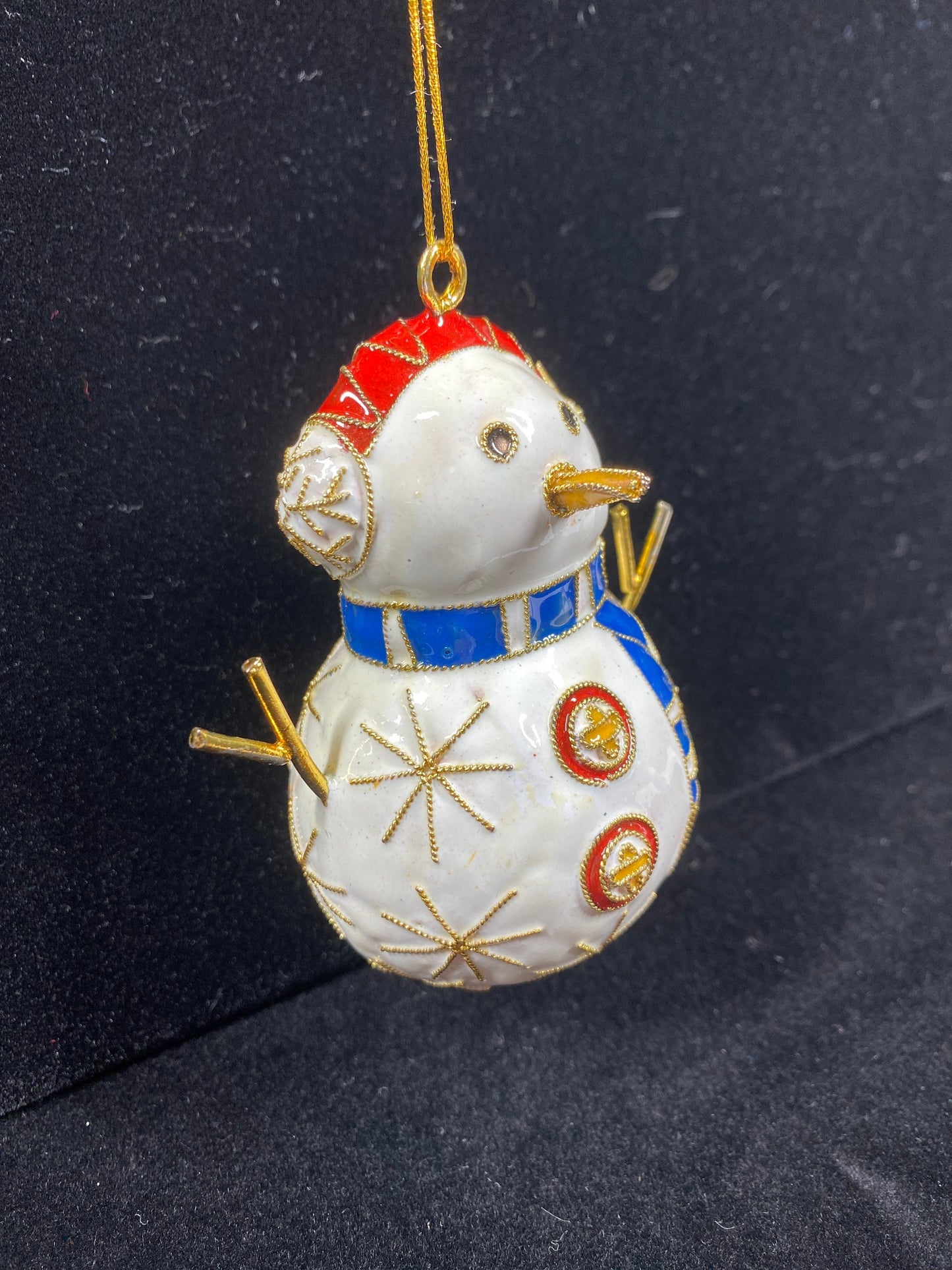 Vintage Ornament of Enamel Snowman with Gold Accents, Red Hat and Blue Scarf