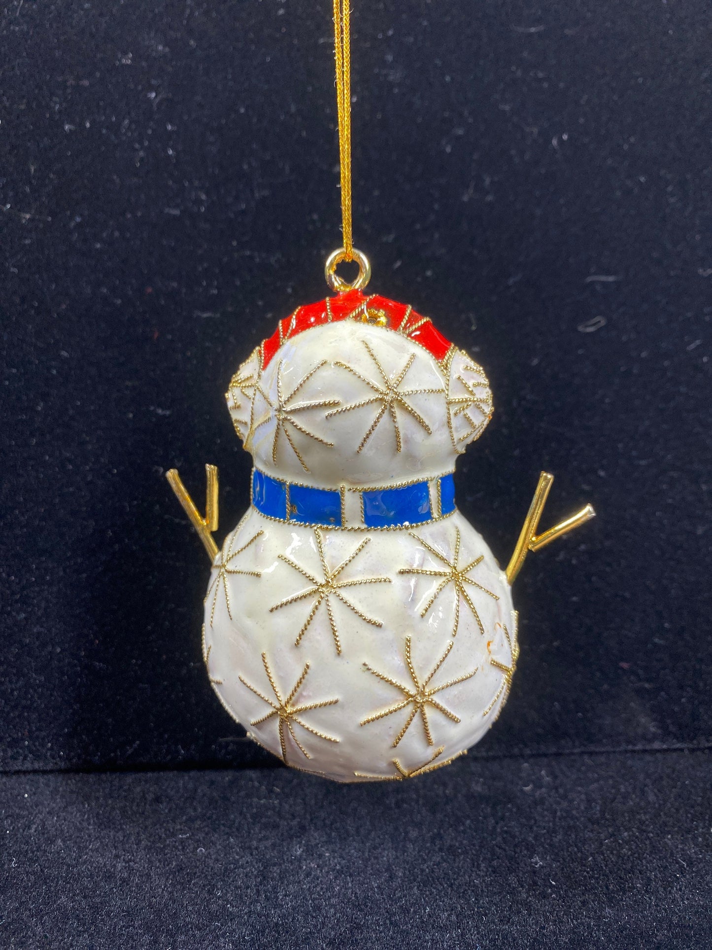Vintage Ornament of Enamel Snowman with Gold Accents, Red Hat and Blue Scarf