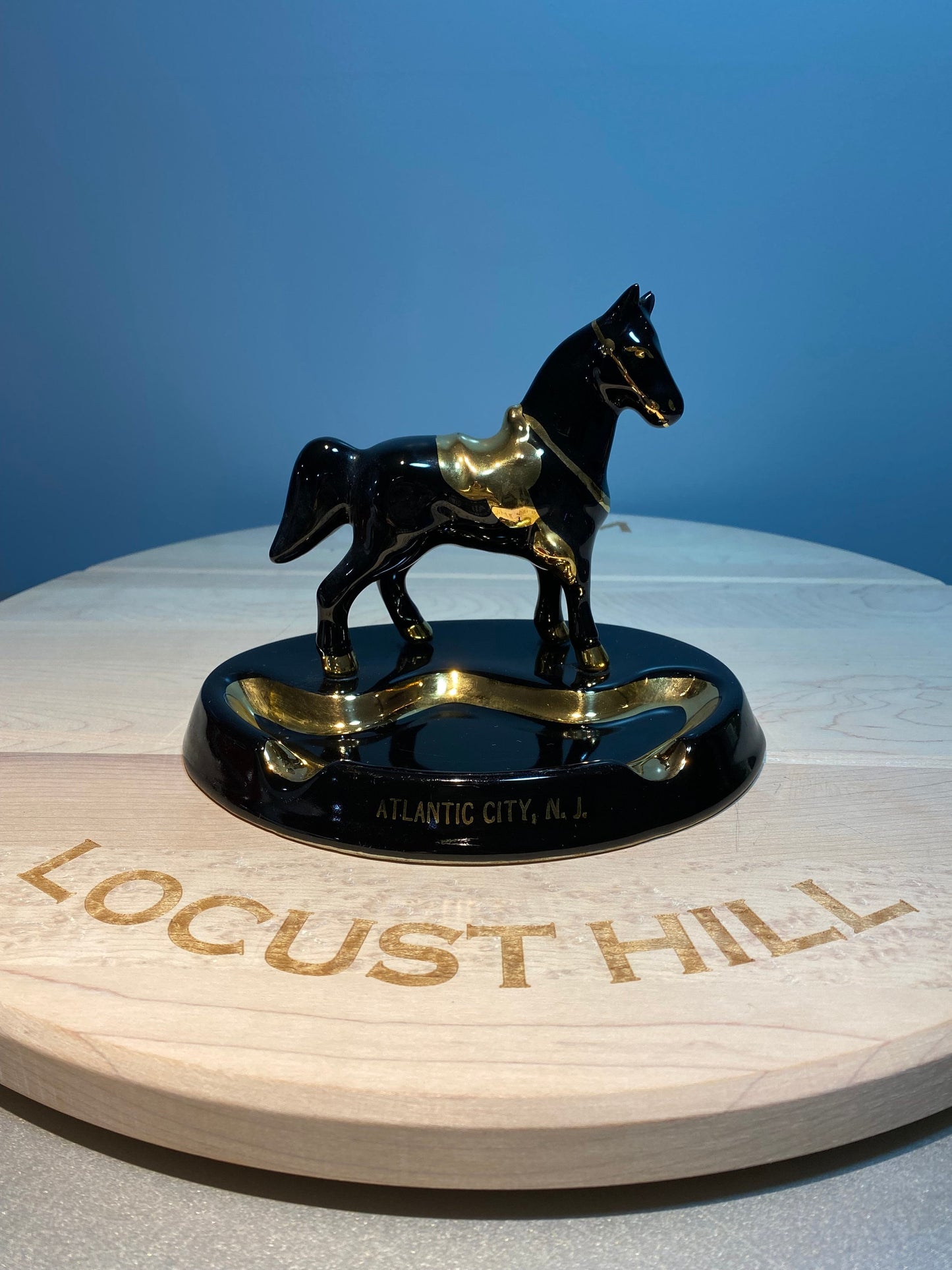 Vintage Black Horse with Gold Accents, Ceramic, Atlantic City, N.J. Ashtray, Made In America
