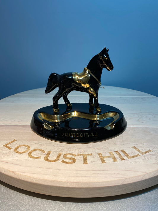 Vintage Black Horse with Gold Accents, Ceramic, Atlantic City, N.J. Ashtray, Made In America