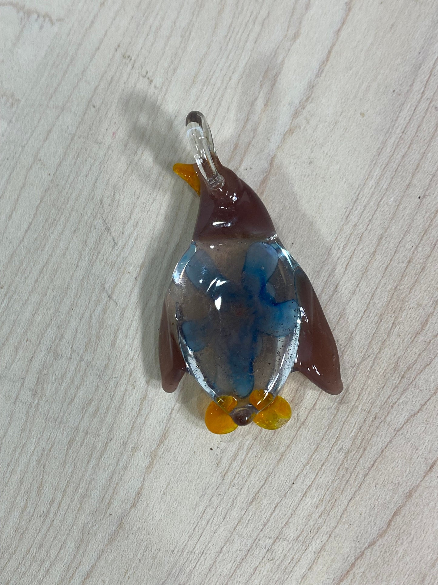 Vintage Charm of Hand Blown Glass Penguin Purple with Blue Flower