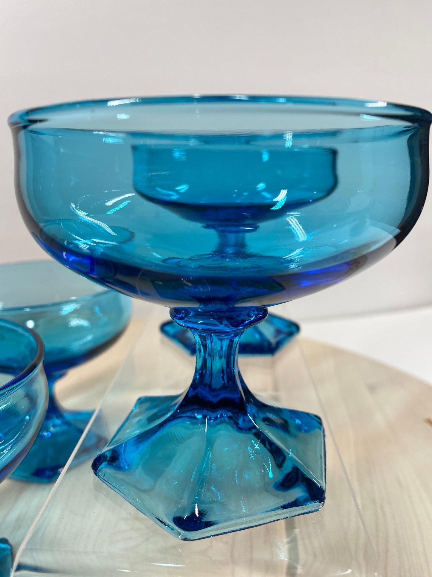 Vintage Glass Footed Dessert Cups or Bowls in Turquoise Blue Set of 4