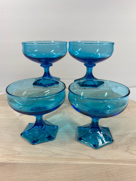 Vintage Glass Footed Dessert Cups or Bowls in Turquoise Blue Set of 4