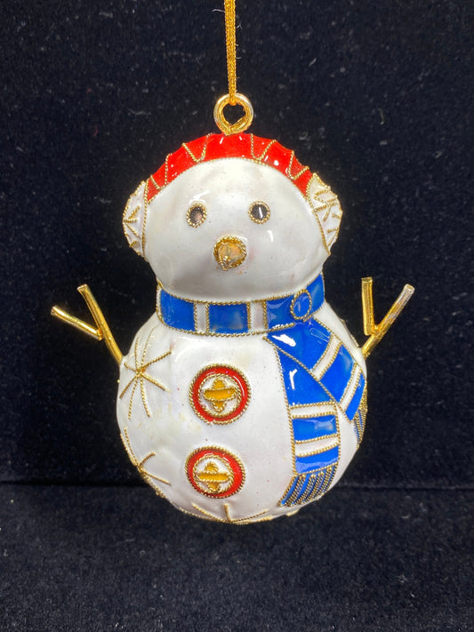 Vintage Ornament of Enamel Snowman with Gold Accents, Red Hat and Blue Scarf