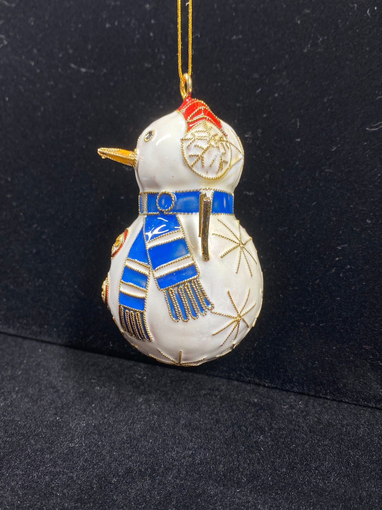 Vintage Ornament of Enamel Snowman with Gold Accents, Red Hat and Blue Scarf