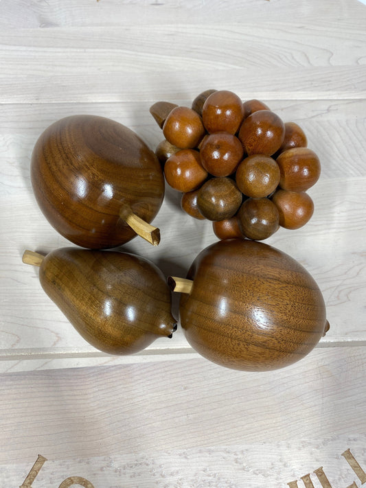 Vintage Wooden Fruit, Teakwood, Includes Two Apples, Pear and Grapes, Mid Century Modern Decor.