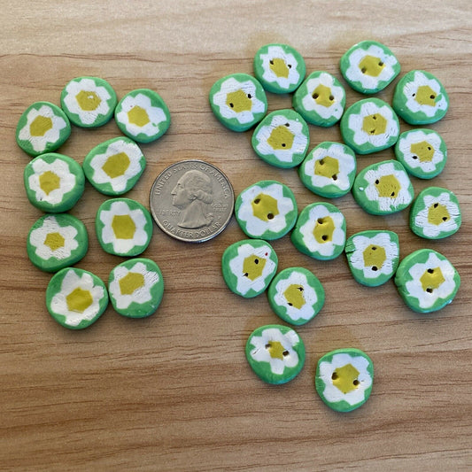 Vintage Buttons, Polymer Clay, Flower Design, White & Yellow Daisies, Green Background.