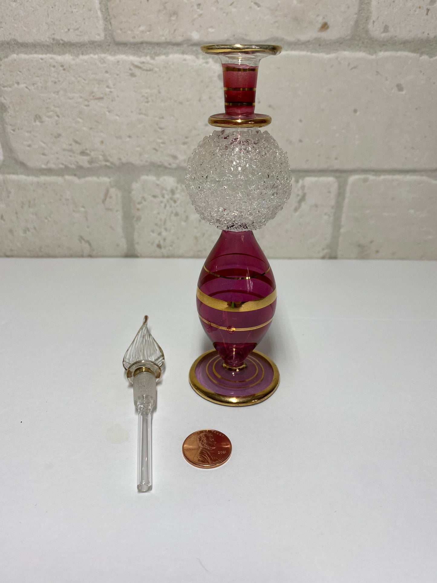 Vintage Perfume Bottle, Dark Pink Glass, Hand Painted, Art Deco, Gilded