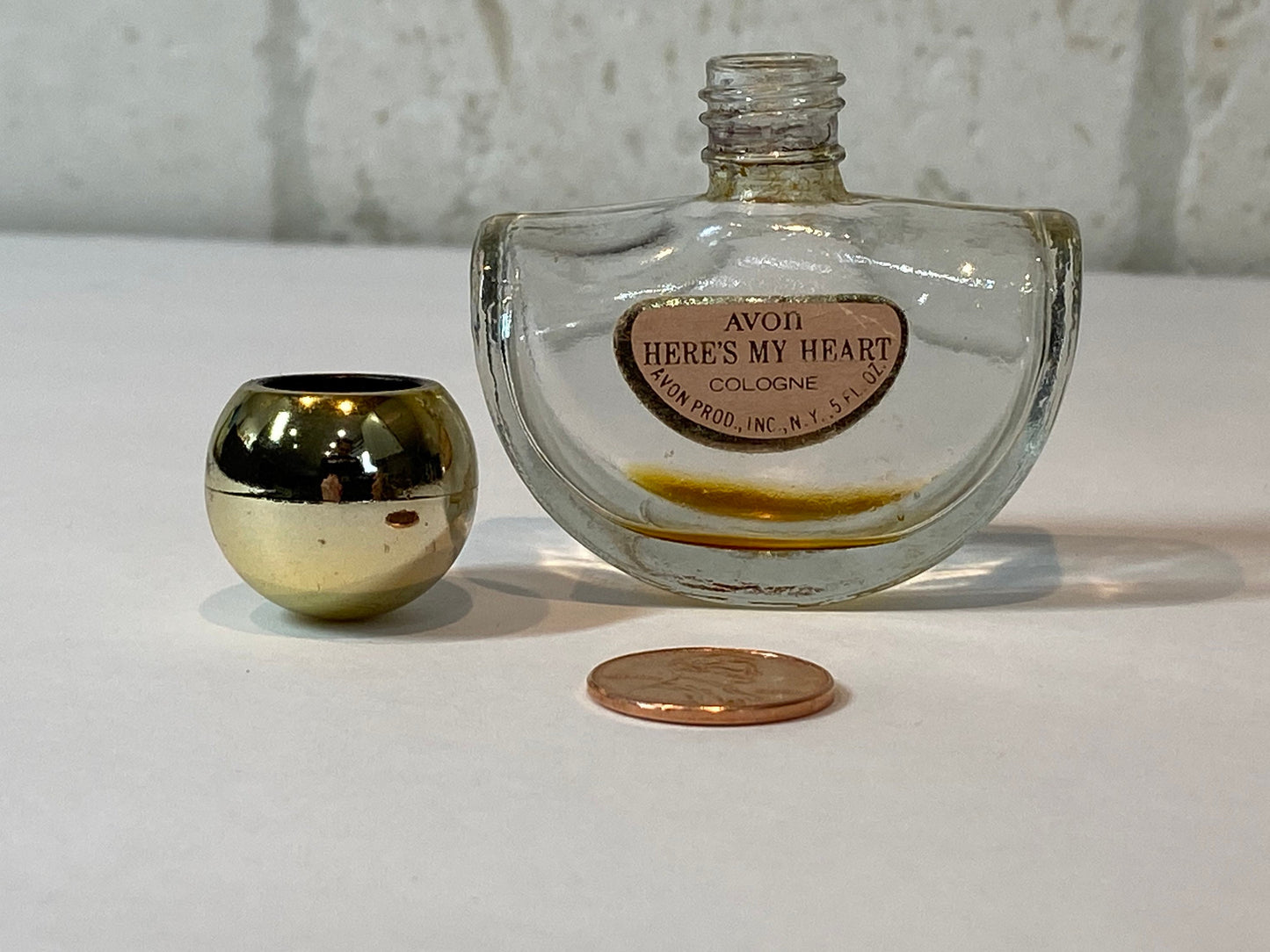 Vintage Avon Perfume Bottle, Clear Glass, Here’s My Heart Cologne, Gold Top