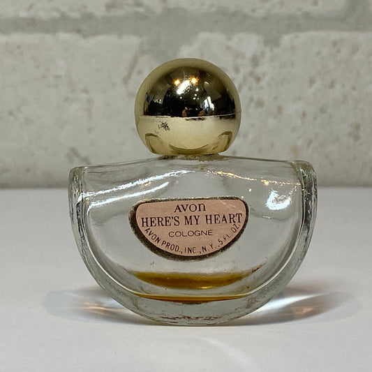 Vintage Avon Perfume Bottle, Clear Glass, Here’s My Heart Cologne, Gold Top