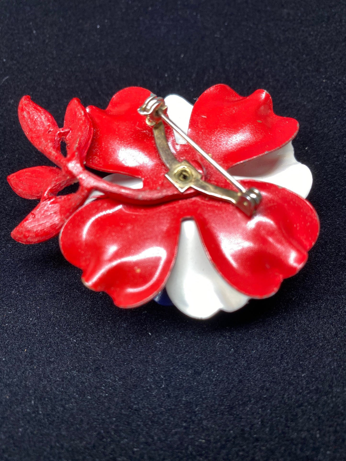 Vintage Brooch, Poppie Flower in Red, White and Blue Metal.