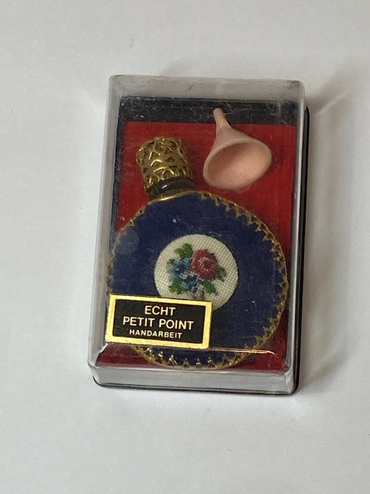 Vintage Mini Perfume Bottle with Embroidered Velvet Exterior and Gold Filigree, RARE!