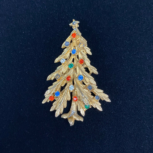Vintage Brooch, Gold Tone Christmas Tree with Multi-colored Rhinestones, ART Signed.