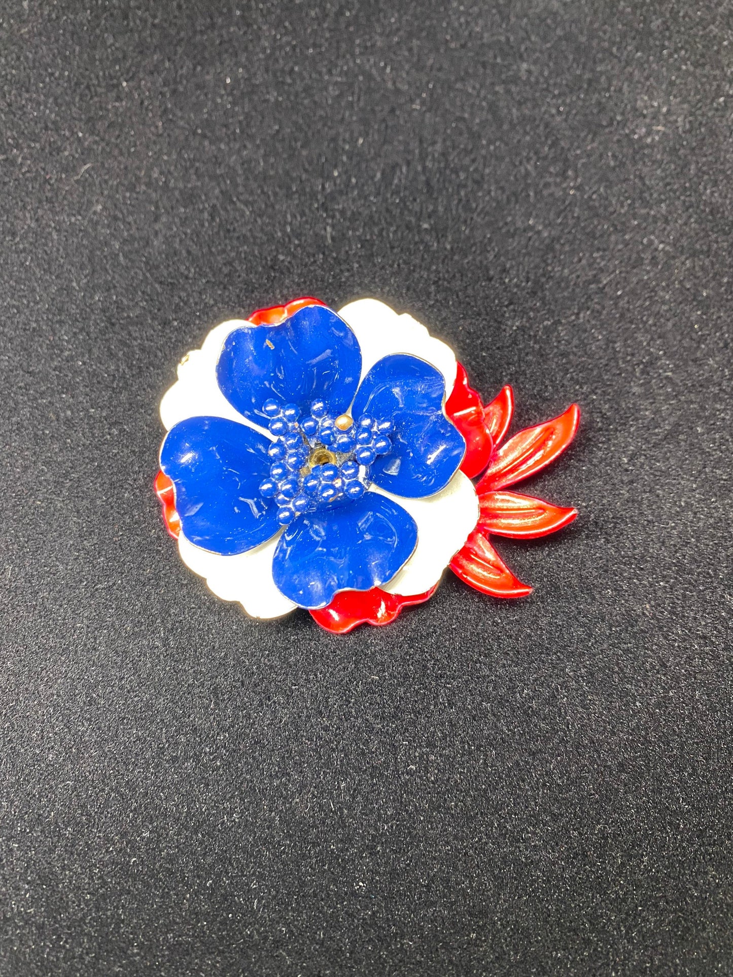 Vintage Brooch, Poppie Flower in Red, White and Blue Metal.
