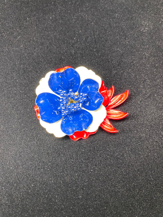 Vintage Brooch, Poppie Flower in Red, White and Blue Metal.
