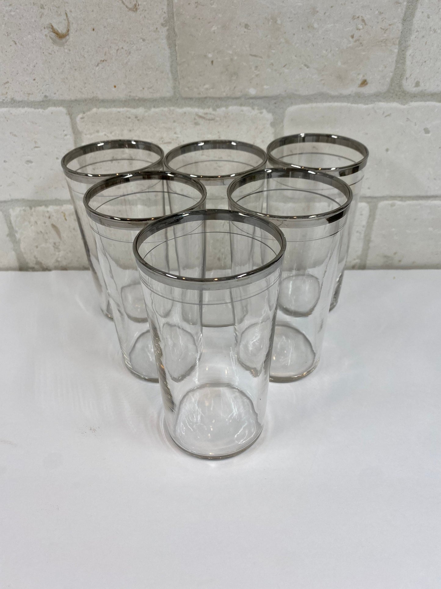 Vintage Tumblers in Clear Glass with Mid-Century Modern Silver Stripe Rim
