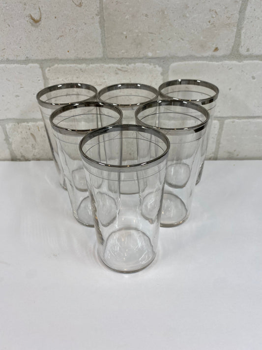 Vintage Tumblers in Clear Glass with Mid-Century Modern Silver Stripe Rim