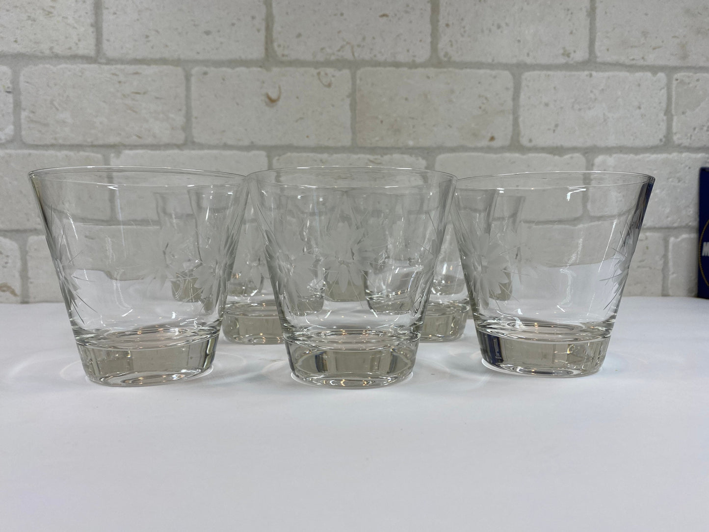 Vintage Bar Glasses, Etched Flower Design, Set of 8.