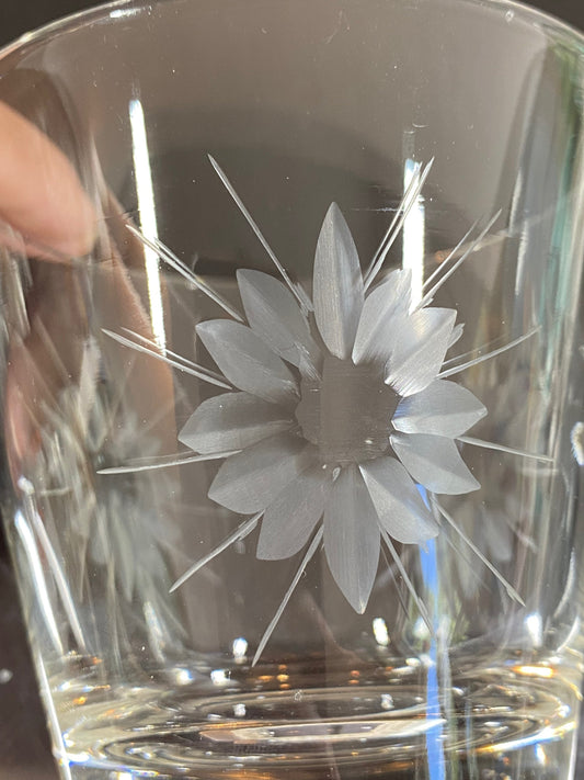 Vintage Bar Glasses, Etched Flower Design, Set of 8.