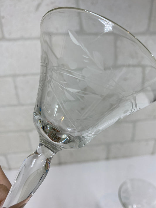 Vintage Cordial Glasses, Etched with Leaf Detailing, Set of 2.