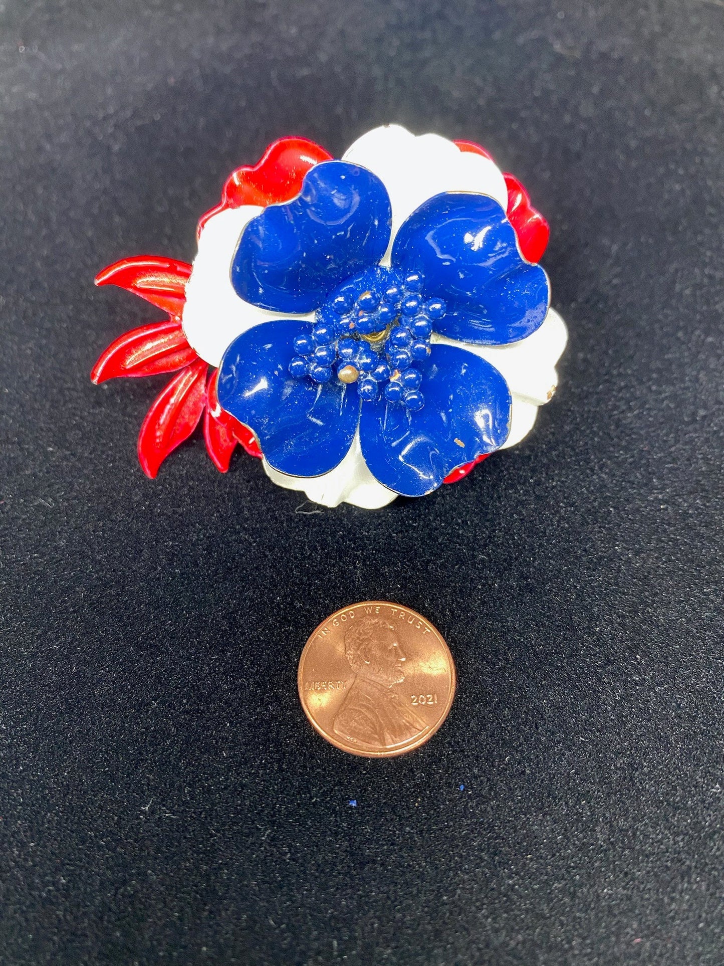 Vintage Brooch, Poppie Flower in Red, White and Blue Metal.