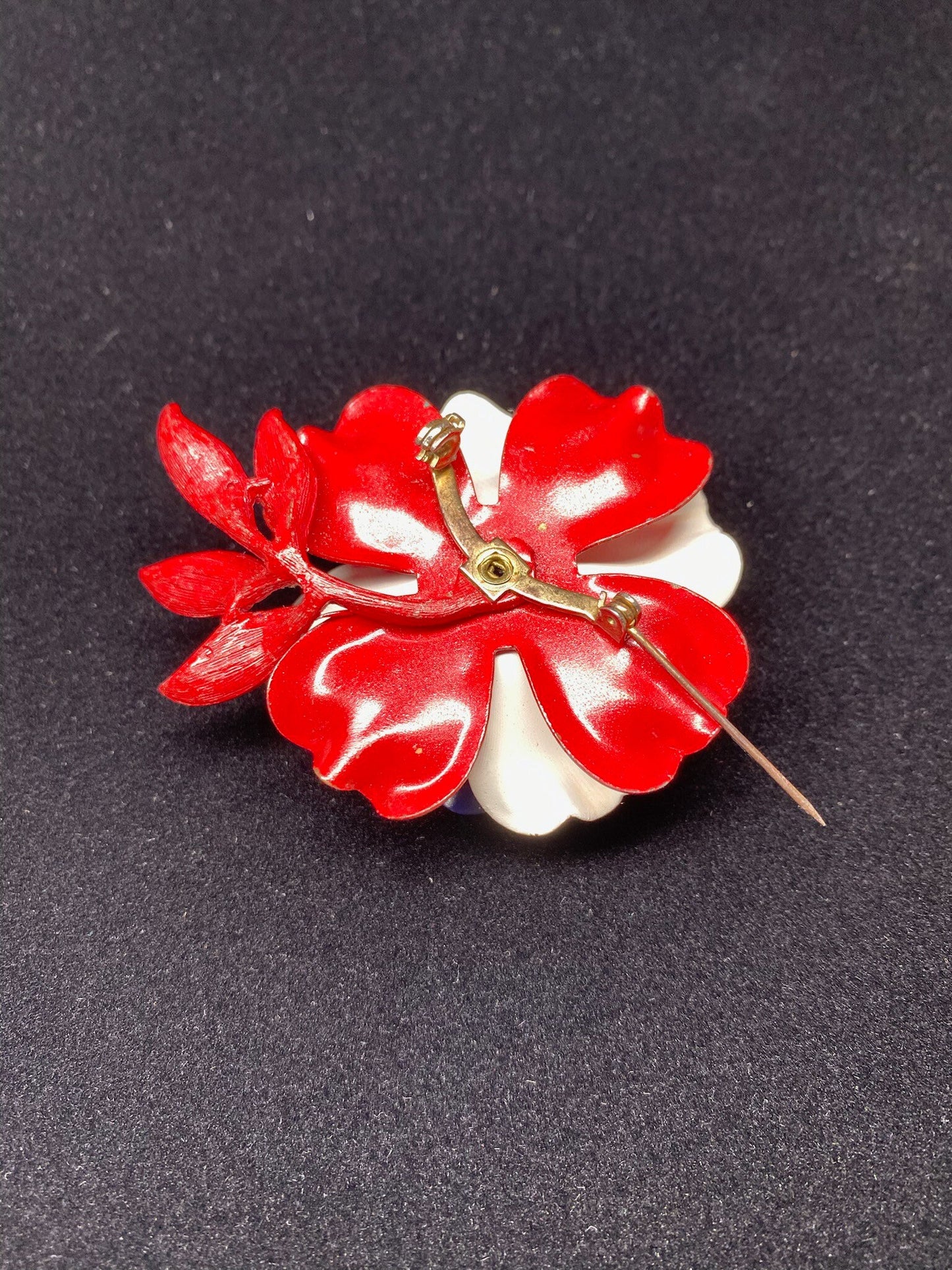 Vintage Brooch, Poppie Flower in Red, White and Blue Metal.
