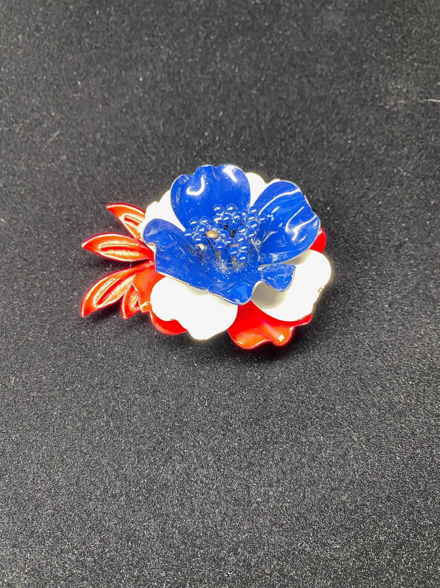 Vintage Brooch, Poppie Flower in Red, White and Blue Metal.