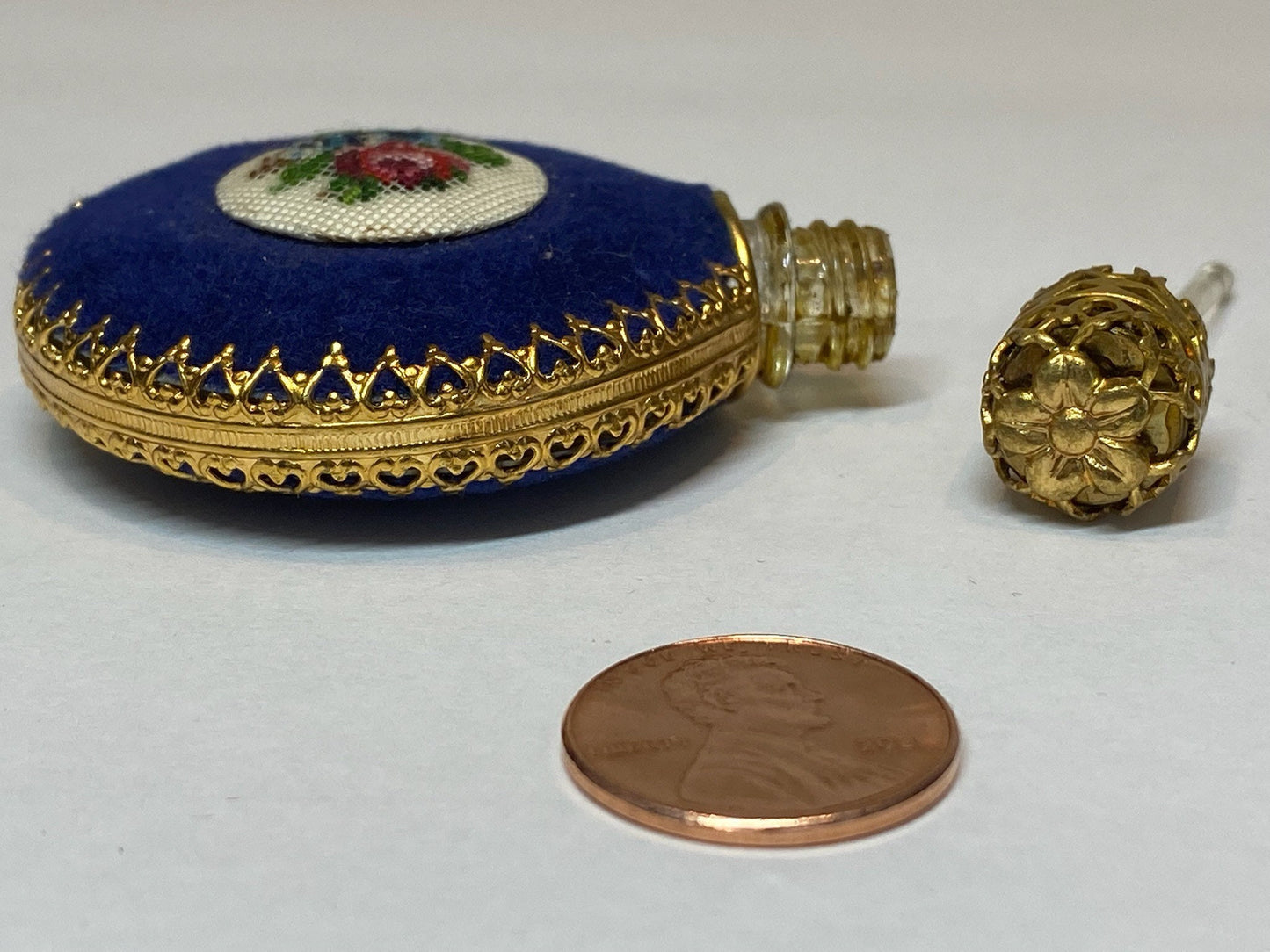 Vintage Mini Perfume Bottle with Embroidered Velvet Exterior and Gold Filigree, RARE!