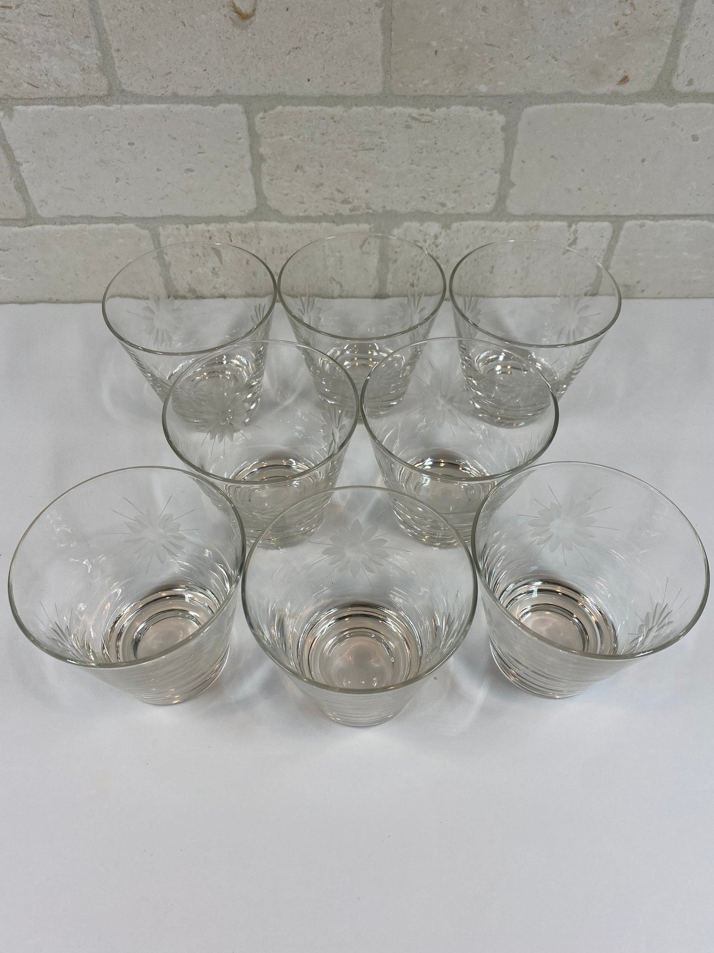 Vintage Bar Glasses, Etched Flower Design, Set of 8.