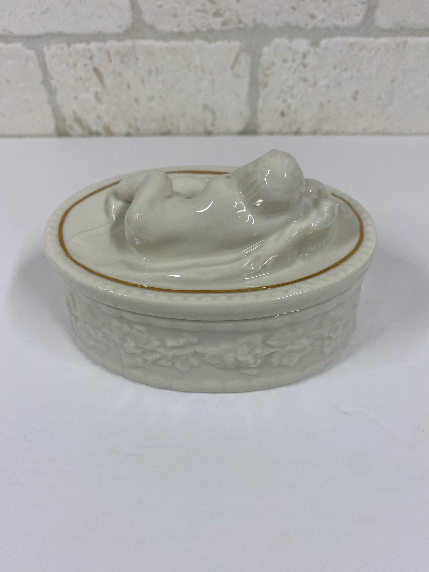 Vintage Trinket Box, Sleeping Cherub, Porcelain and Made In Ireland.