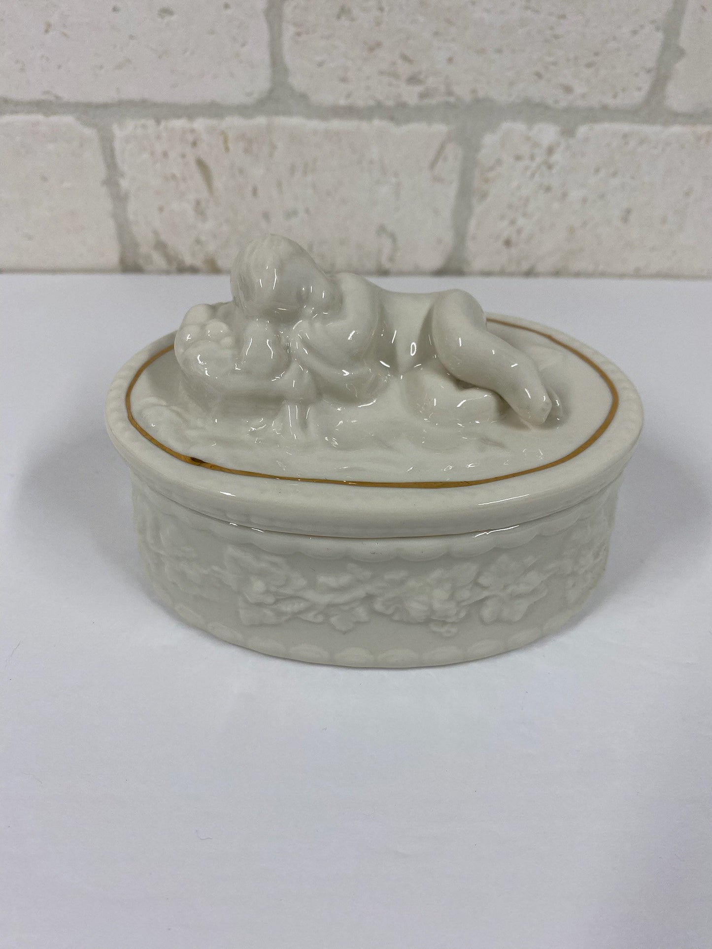 Vintage Trinket Box, Sleeping Cherub, Porcelain and Made In Ireland.
