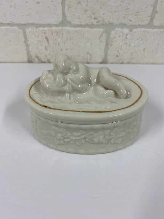 Vintage Trinket Box, Sleeping Cherub, Porcelain and Made In Ireland.