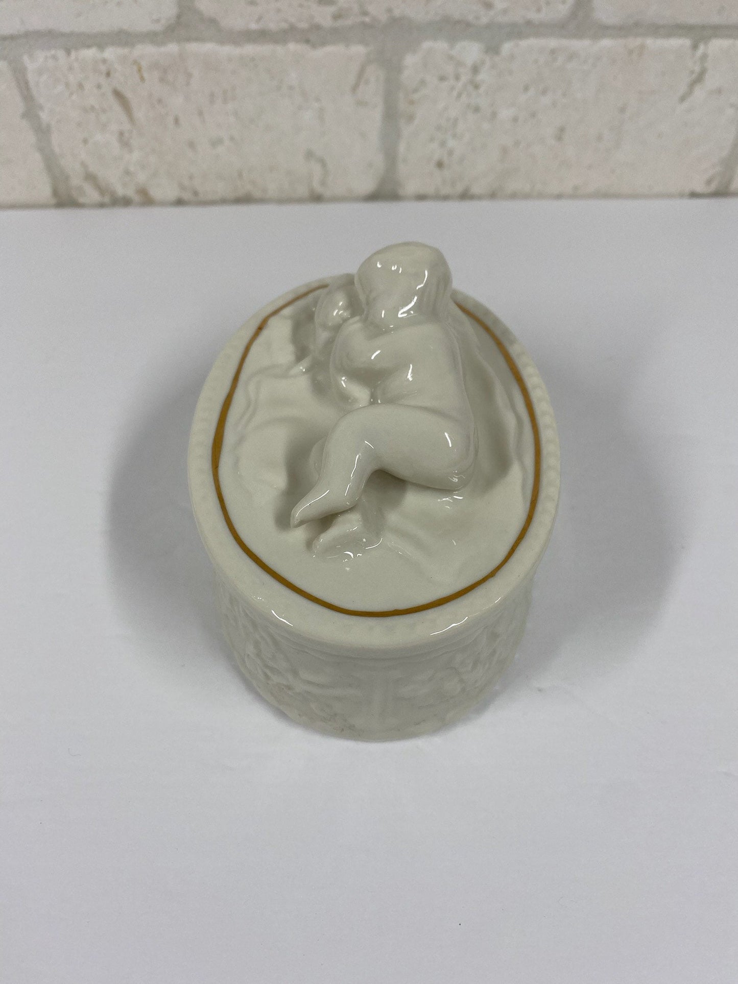 Vintage Trinket Box, Sleeping Cherub, Porcelain and Made In Ireland.