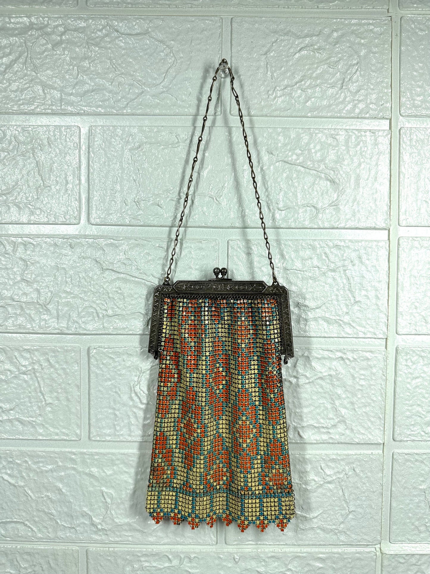 Vintage Art Deco Enamel & Mesh Handbag by Whiting And Davis Co, 1920s.