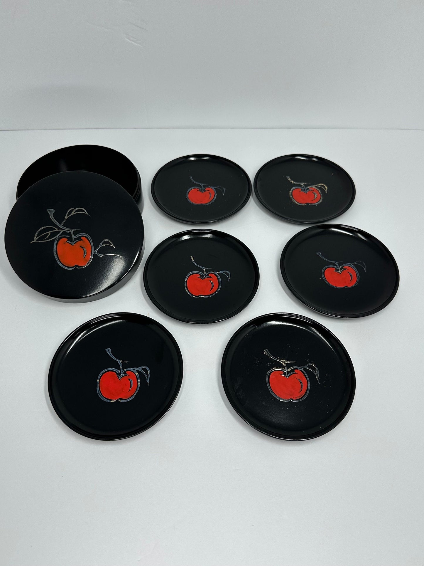 Vintage Coasters, Black Lacquer with Red Cherry Design, Made in Japan.