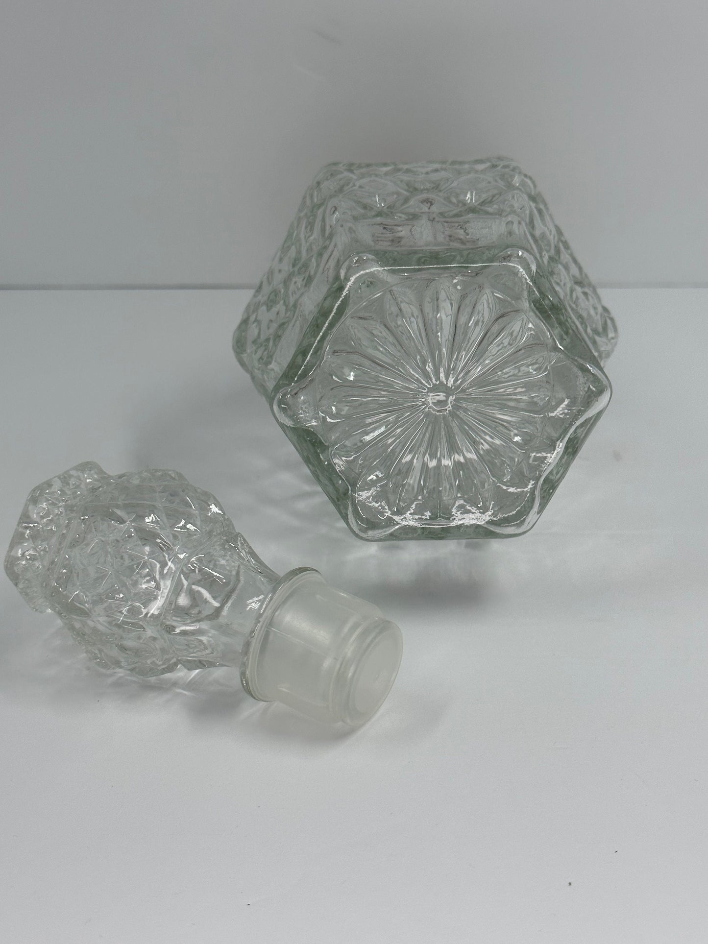 Vintage Crystal Cut Glass Decanter with Gold Scalloped Rim and Starburst Stopper
