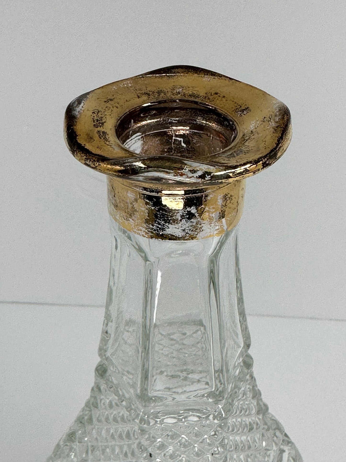 Vintage Crystal Cut Glass Decanter with Gold Scalloped Rim and Starburst Stopper