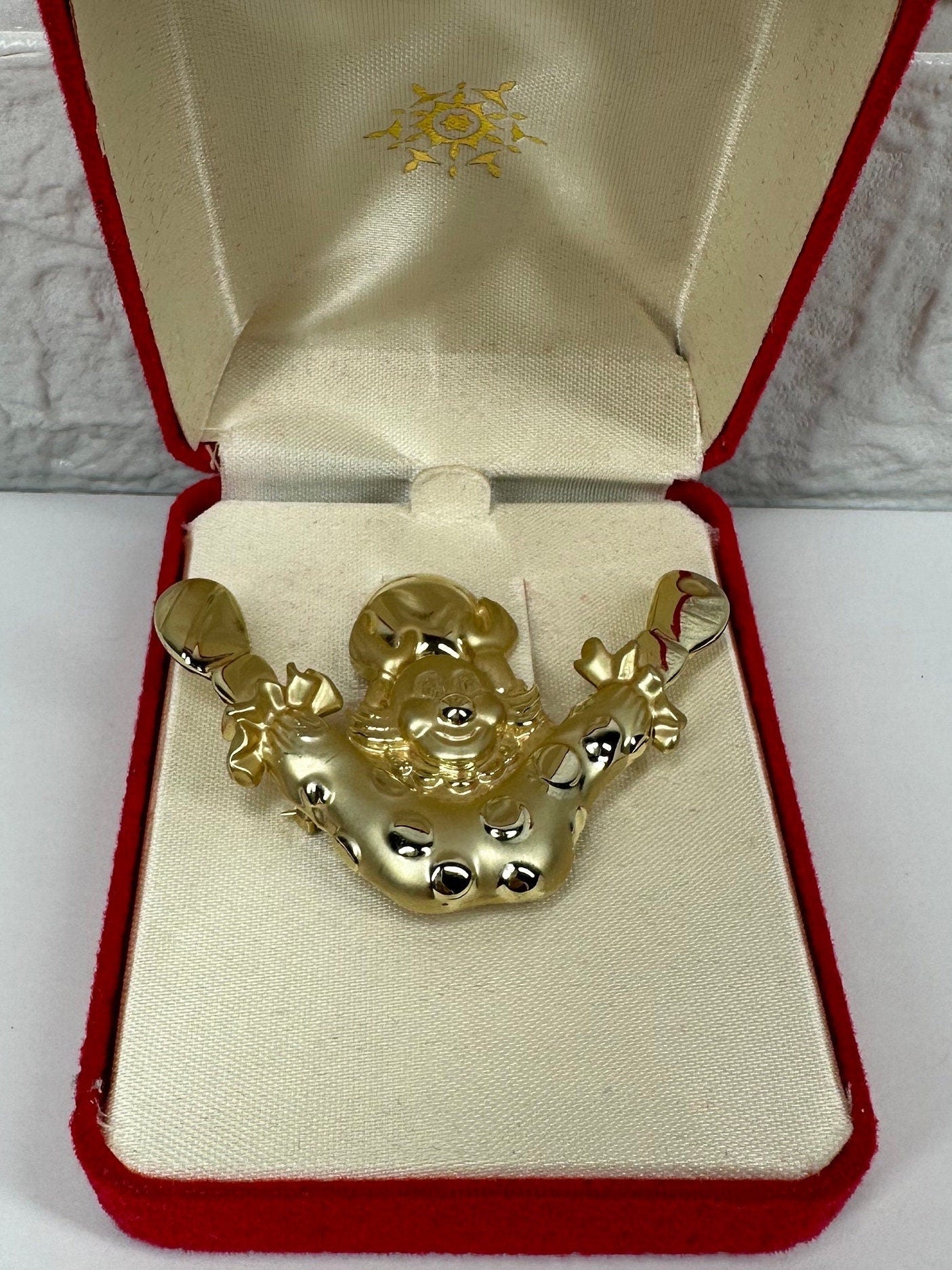 Vintage Brooch, Clown is Signed AJC, Gold Tone Metal, Mid-Century Modern.