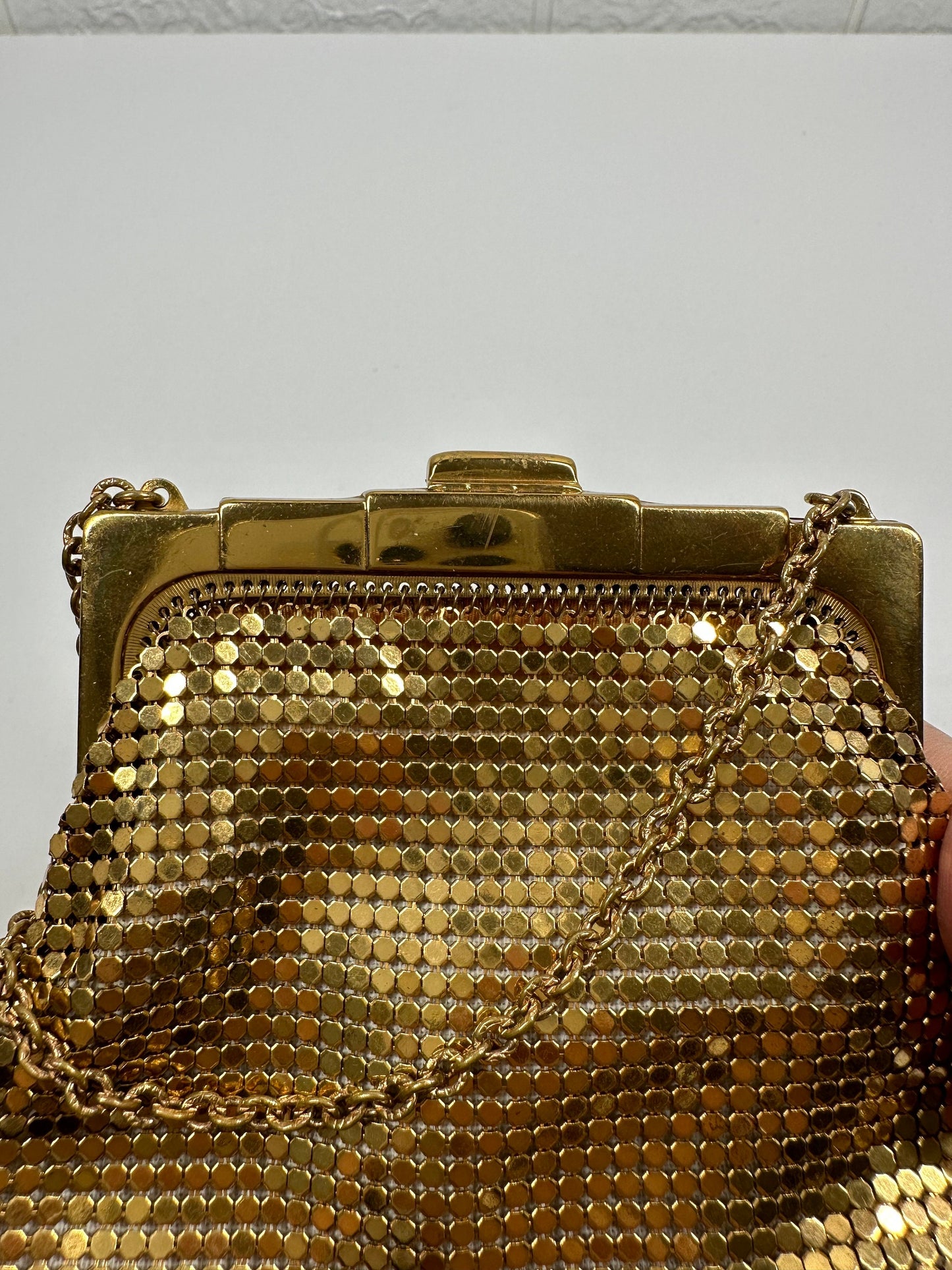 Vintage Handbag, Whiting And Davis Co, Gold Mesh Clutch Mini-Bag With Strap.