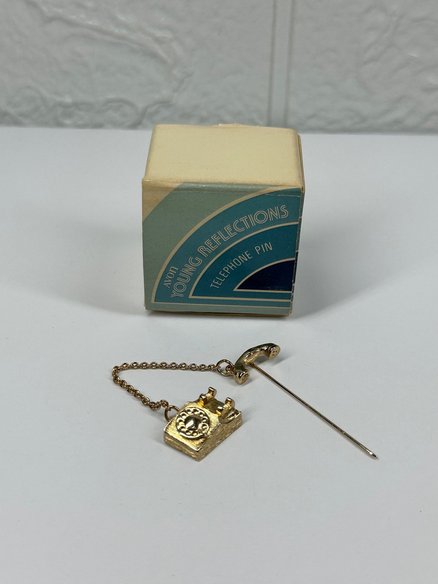 Vintage Telephone Pin, Avon Tie Pin, Young Reflections, Gold Tone Metal, 1981.