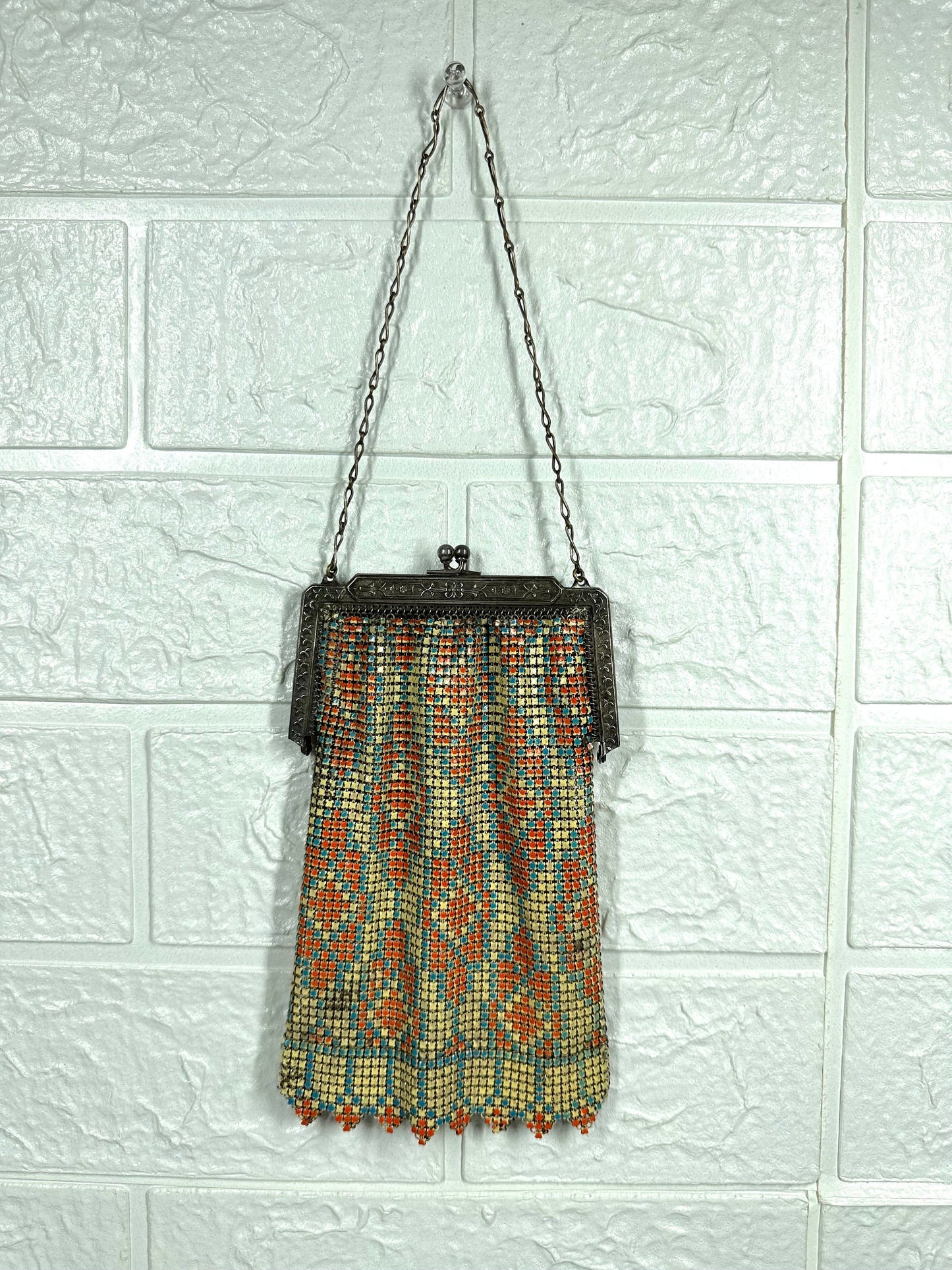 Vintage Art Deco Enamel & Mesh Handbag by Whiting And Davis Co, 1920s.