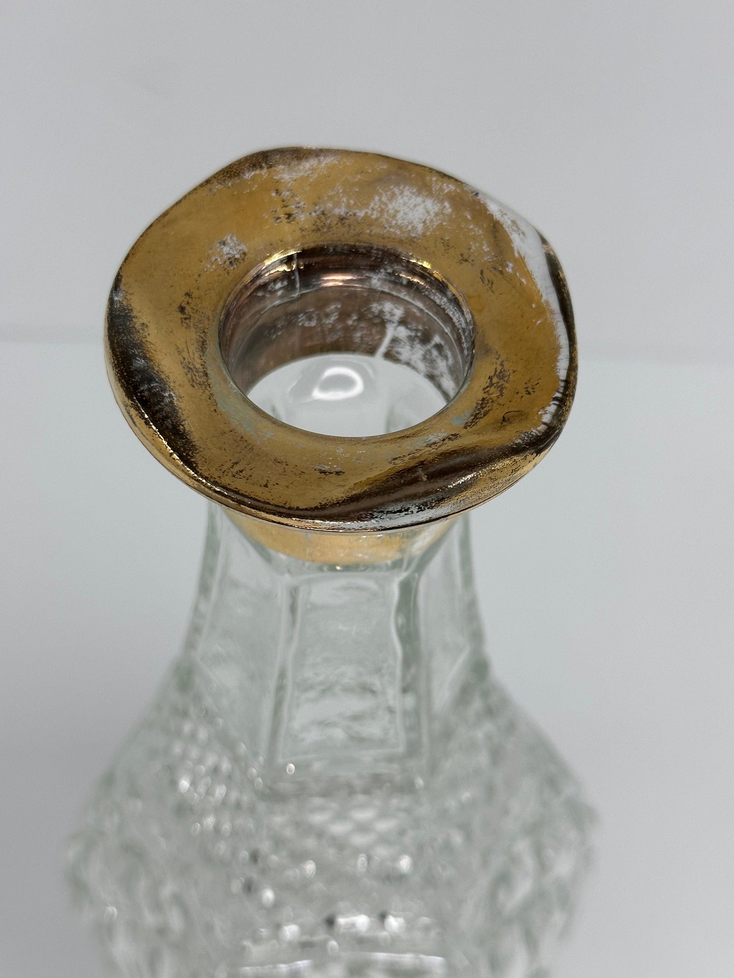 Vintage Crystal Cut Glass Decanter with Gold Scalloped Rim and Starburst Stopper