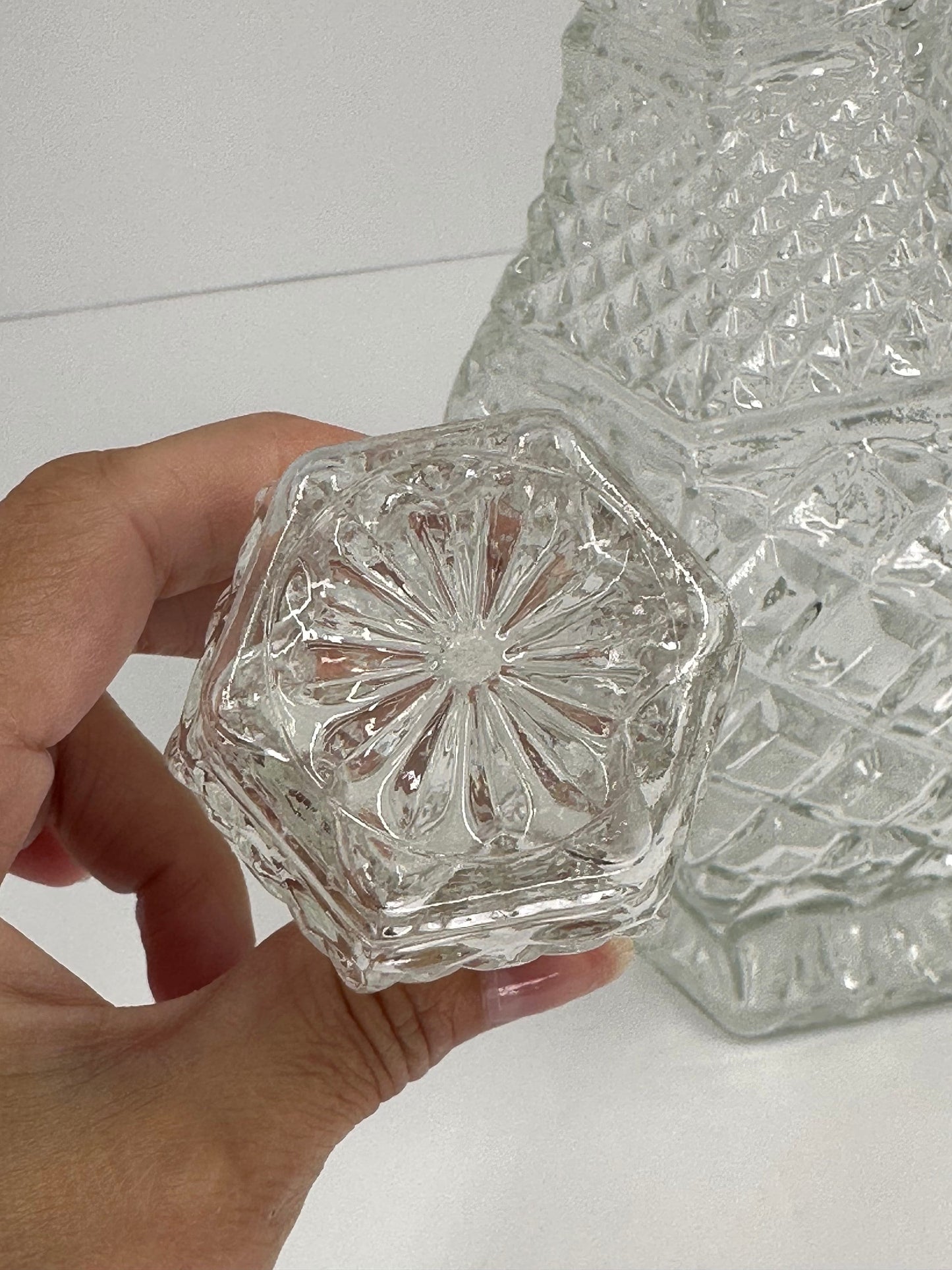 Vintage Crystal Cut Glass Decanter with Gold Scalloped Rim and Starburst Stopper
