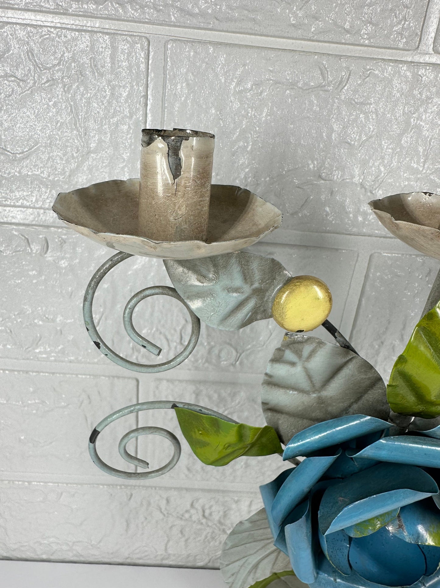 Vintage Candelabra, Tole Flower, Candle Holder, Mid Century, Italian.