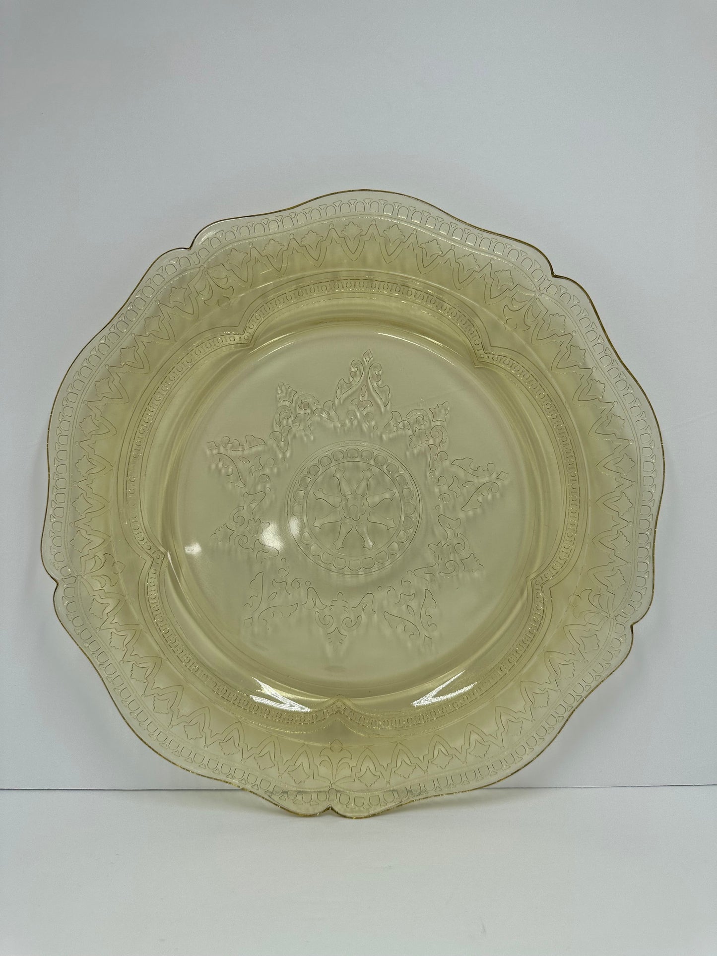 Vintage Embossed Plate, Yellow Depression Glass with Patrician Pattern By Federal Glass Company.