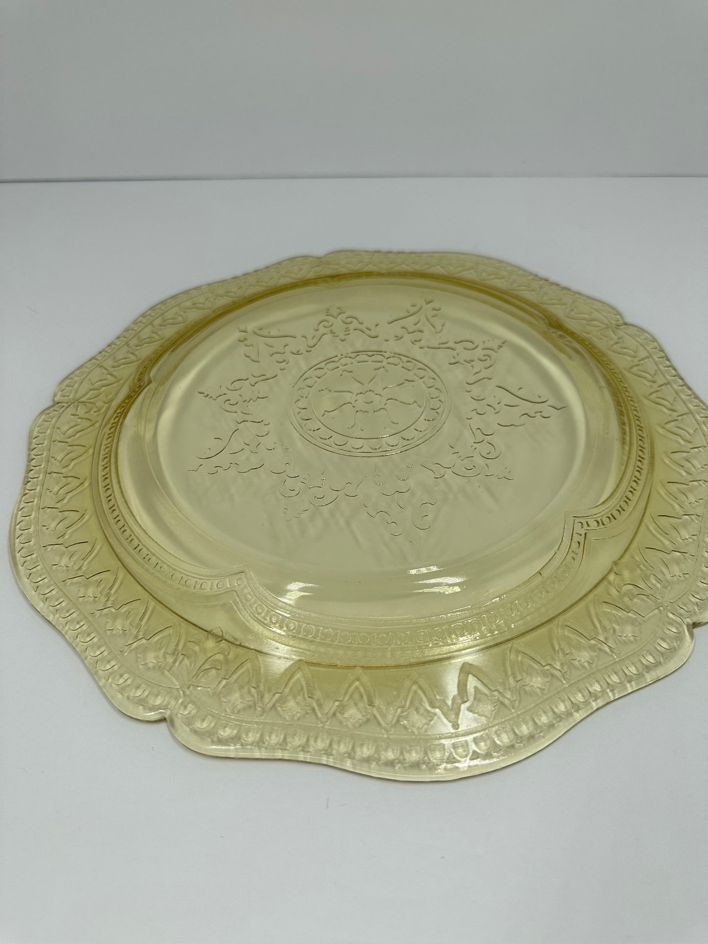Vintage Embossed Plate, Yellow Depression Glass with Patrician Pattern By Federal Glass Company.
