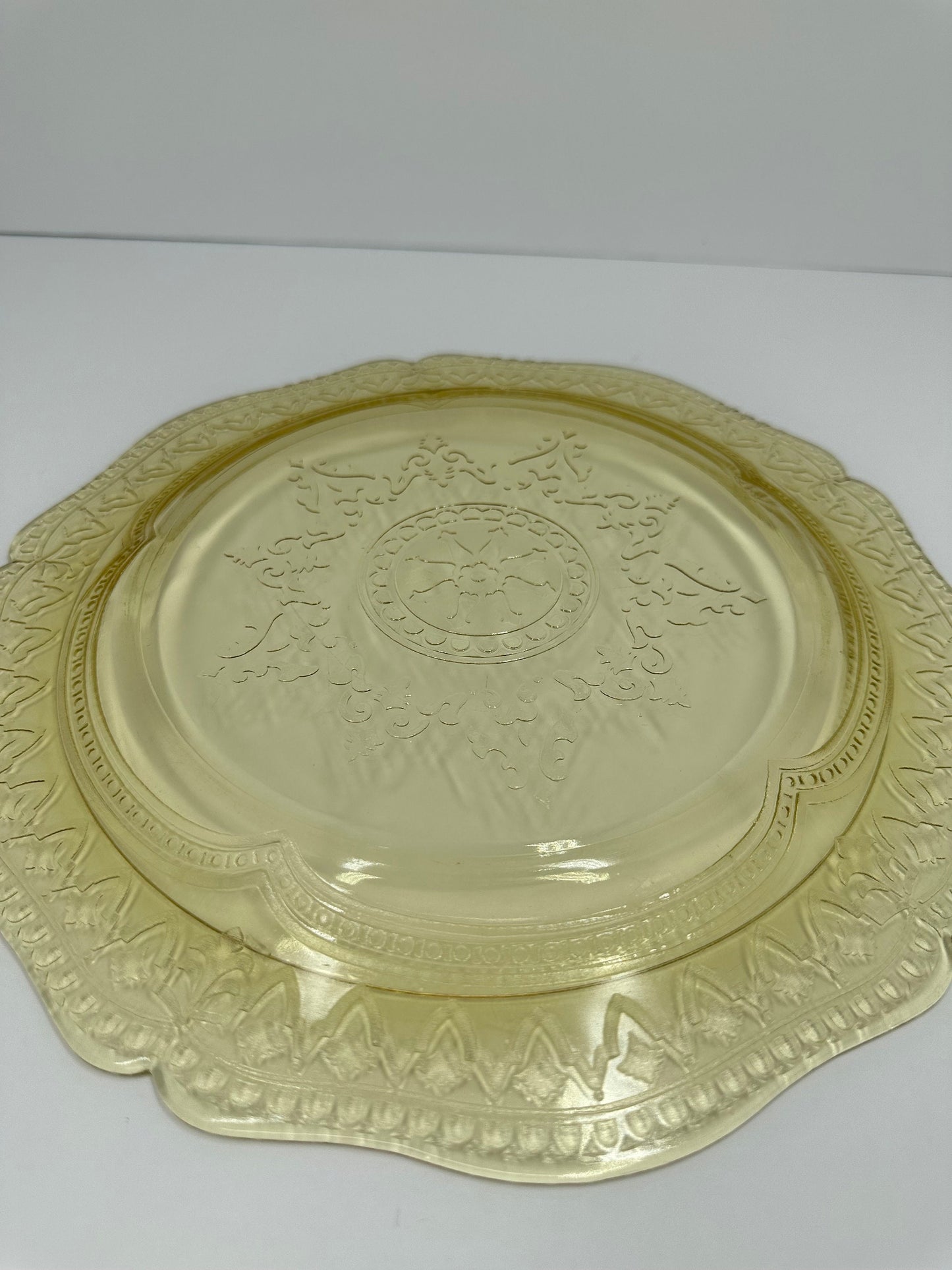 Vintage Embossed Plate, Yellow Depression Glass with Patrician Pattern By Federal Glass Company.