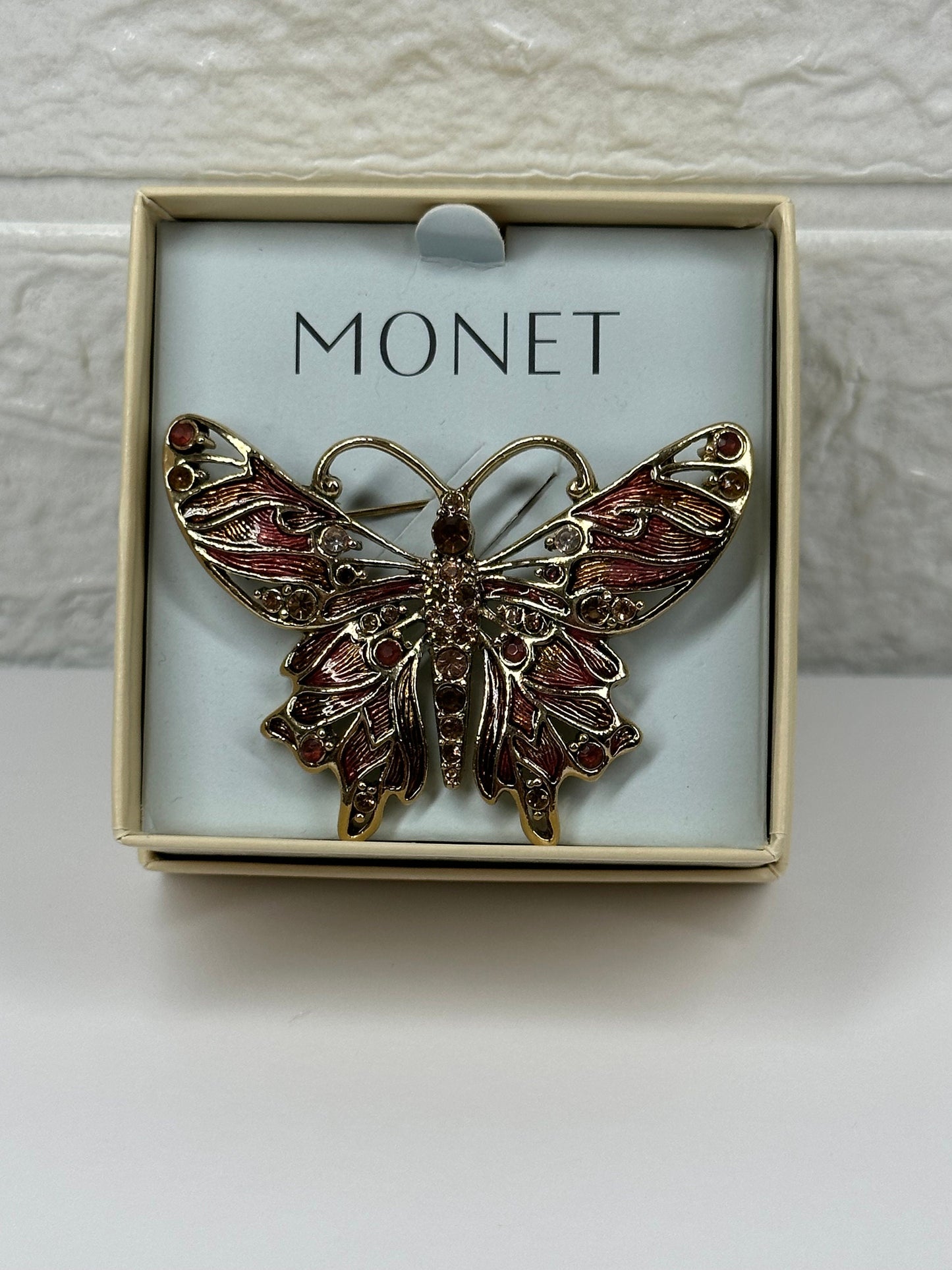 Vintage Butterfly Brooch, Stamped Monet, Enamel and Crystal Art Deco, 1970s.