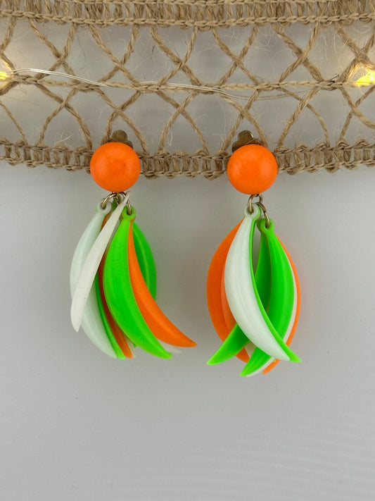 Vintage Earrings, Clip On Dangle, Made in Hong Kong, Neon Orange and Green.